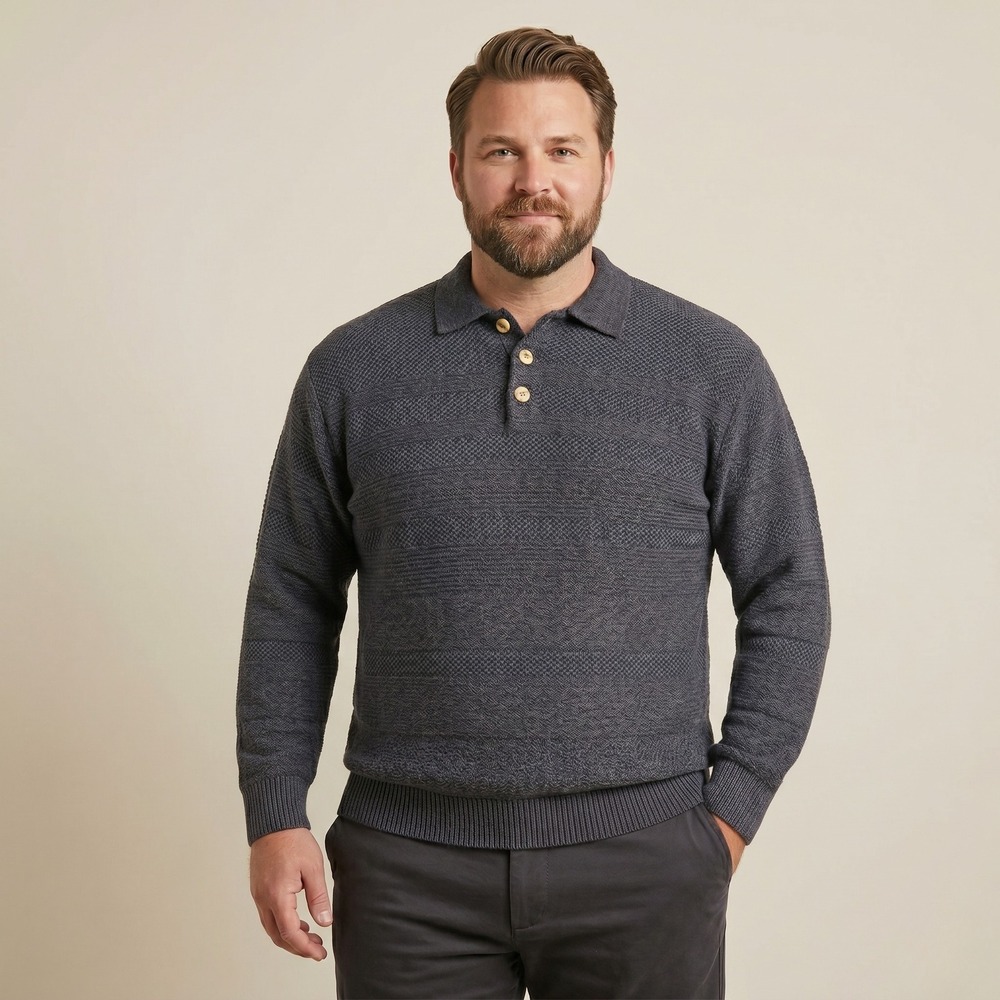 Etchings Sweater Mens XL Grey Polo Collar Textured Knit Ramie Cotton Long Sleeve